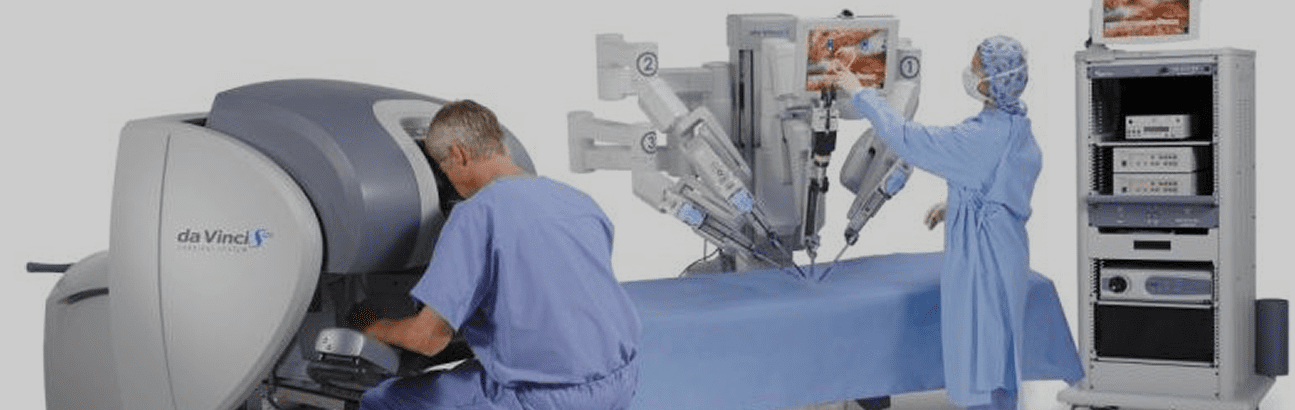 Surgeons performing an operation in an operating room with medical monitors and X-ray scans in the background.